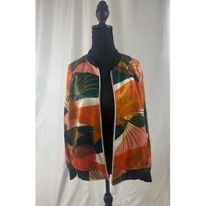 Brooklyn Dolly Tropical Leaf Print Satin Bomber Jacket Women's Size L